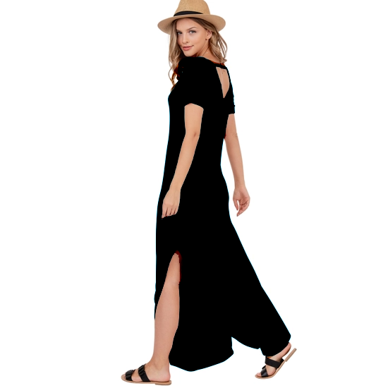 Short Sleeve Scoop Neck Maxi Dress With Side Slits