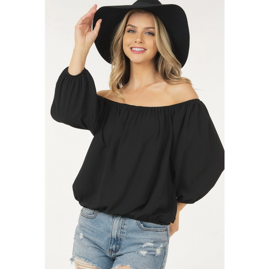 Solid Off Shoulder Crop Top with Bubble Crepe Fabric