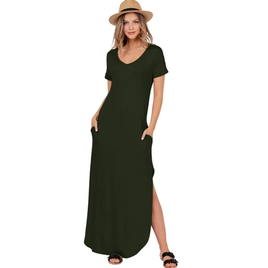 Short Sleeve Scoop Neck Maxi Dress With Side Slits